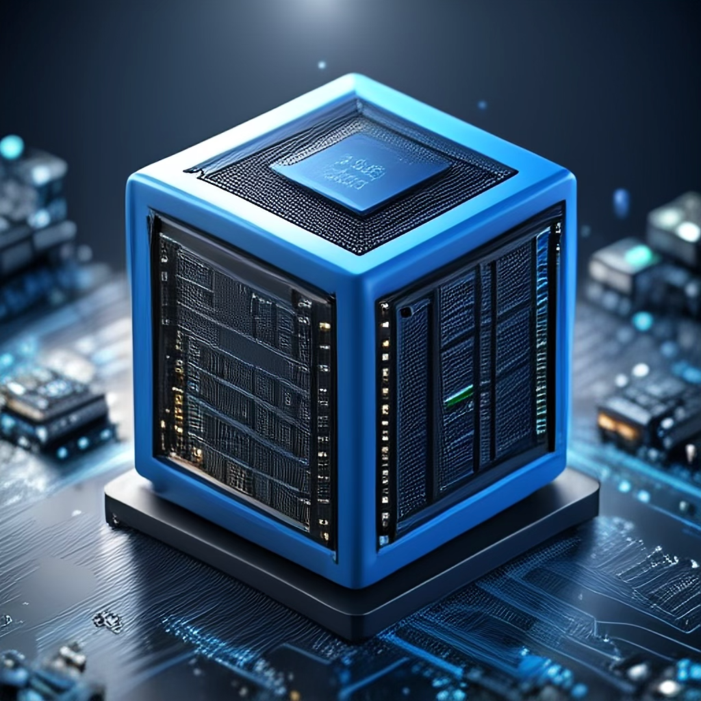 A rounded logo with a blue cube with a server inside on a black background full of circuit boards